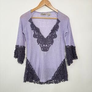 Gimmicks By BKE Lightweight Knit Sweater Womens‎ S Lilac Crochet Lace Semi Sheer